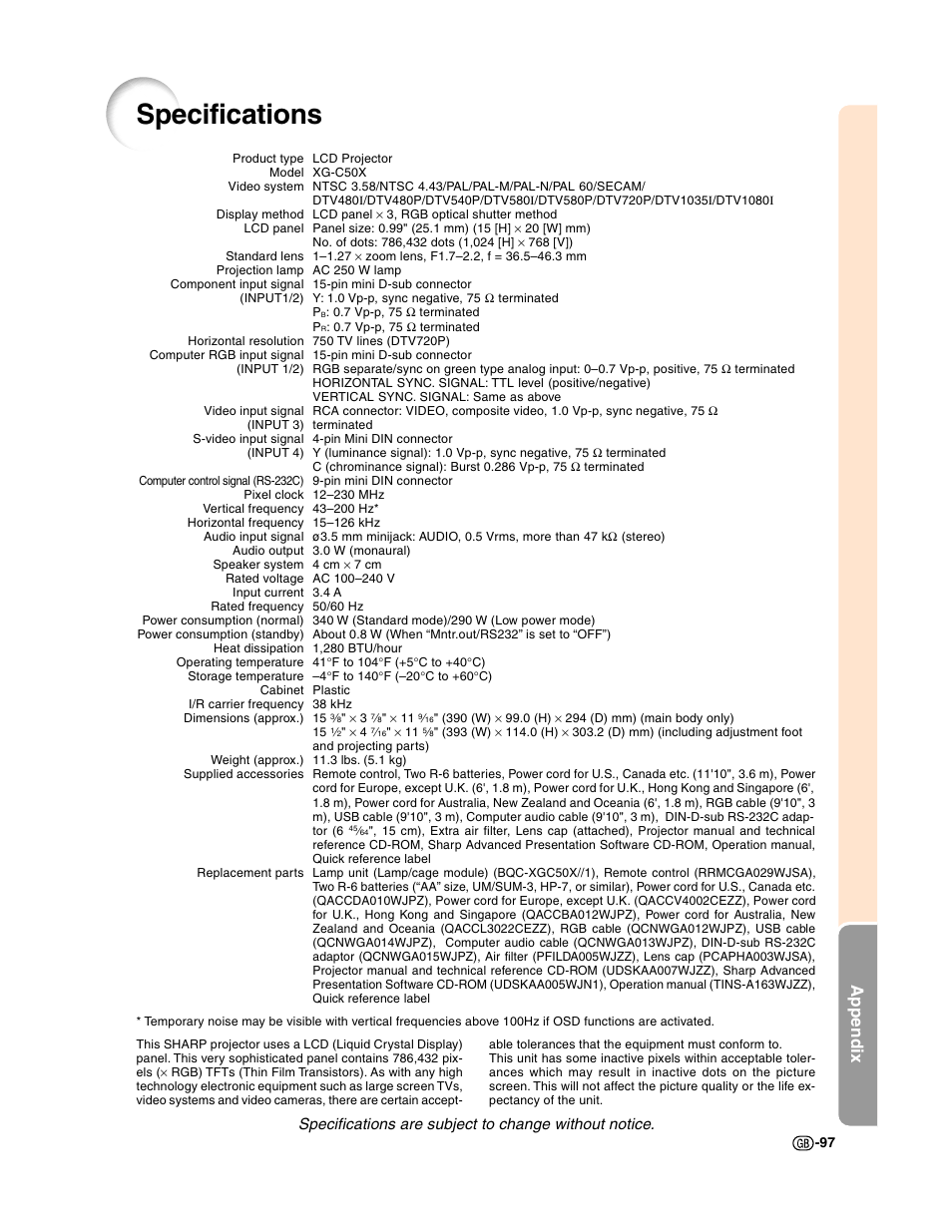 Specifications, Appendix | Sharp XG-C50X User Manual | Page 99 / 104