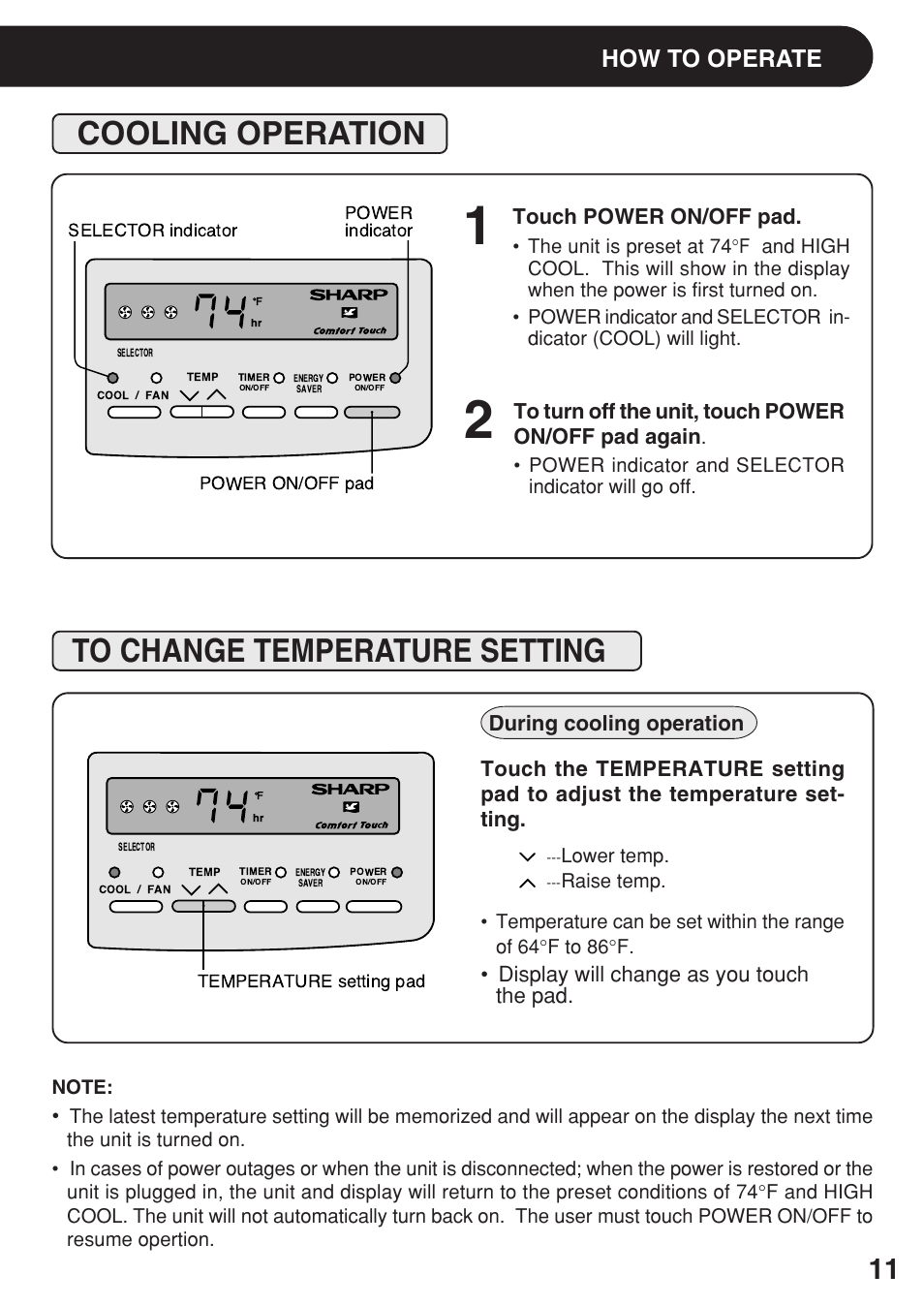 Cooling operation, To change temperature setting, Cooling operation to change temperature setting | How to operate, Touch power on/off pad, Display will change as you touch the pad, During cooling operation | Sharp AF-R140DX User Manual | Page 11 / 20