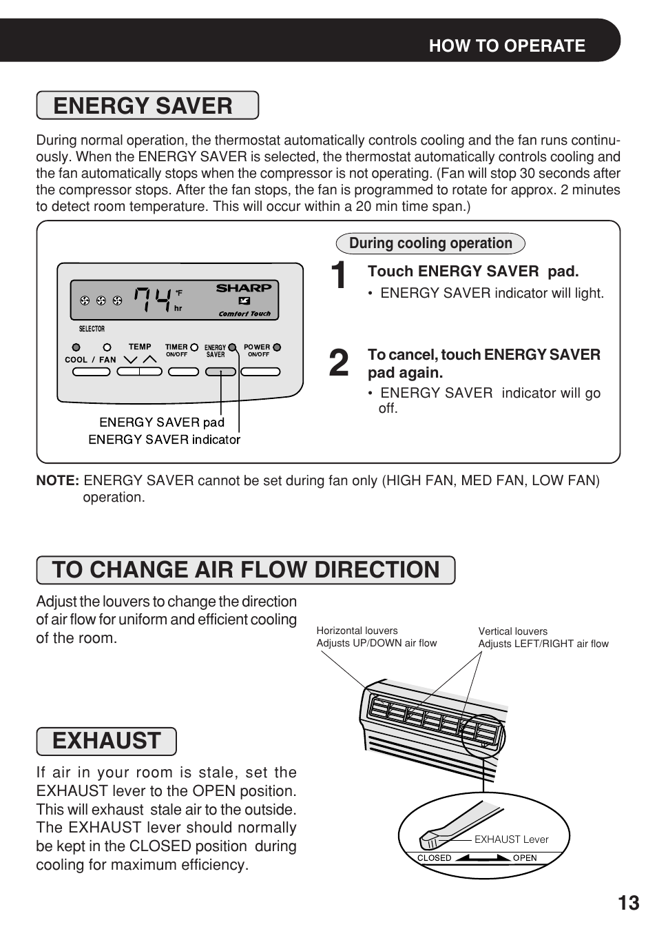 Energy saver, To change air flow direction, Exhaust | How to operate | Sharp AF-R140DX User Manual | Page 13 / 20