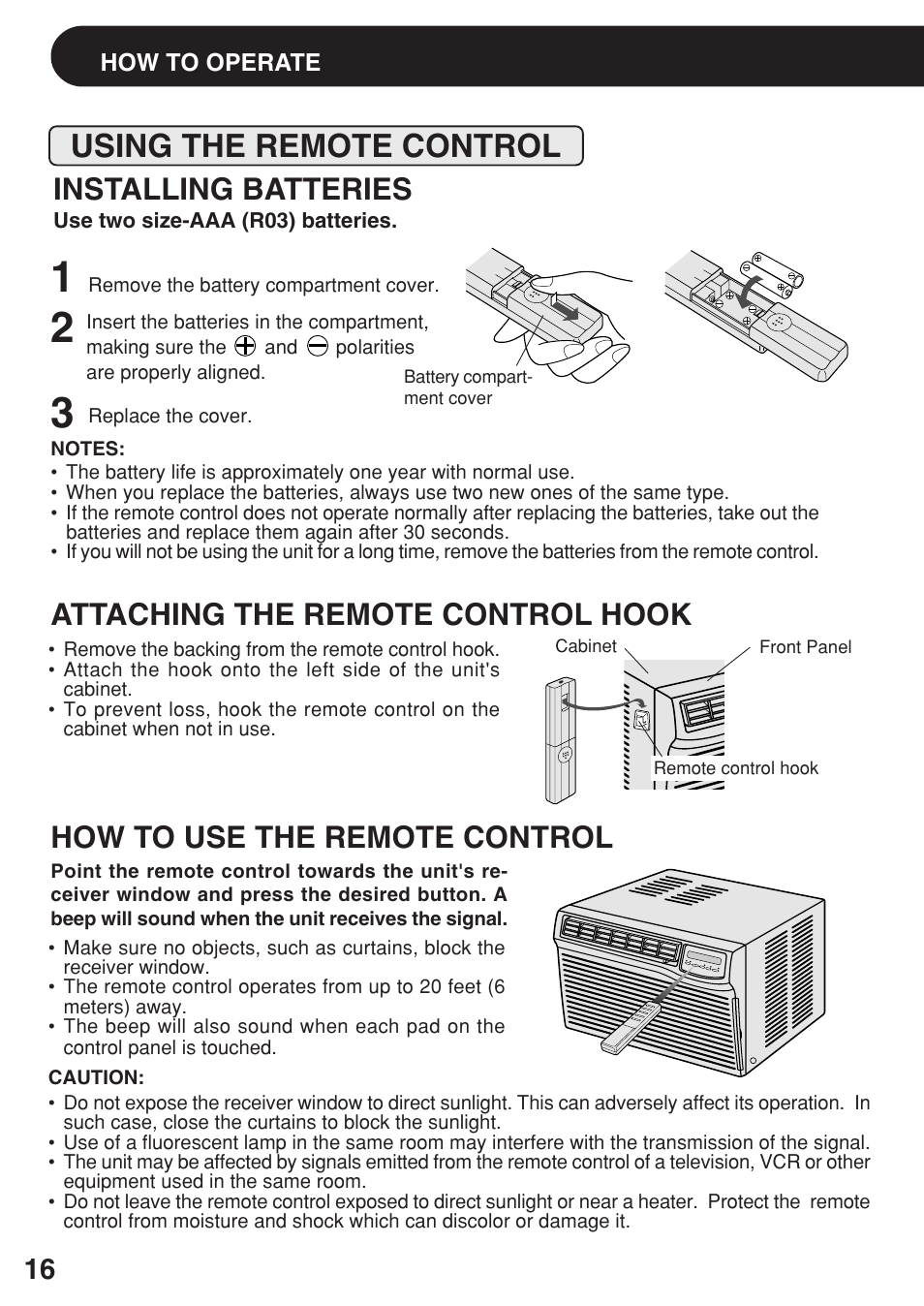 Using the remote control, Installing batteries, Attaching the remote control hook | How to use the remote control | Sharp AF-R140DX User Manual | Page 16 / 20