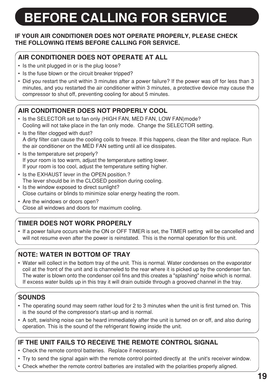 Before calling for servlce | Sharp AF-R140DX User Manual | Page 19 / 20