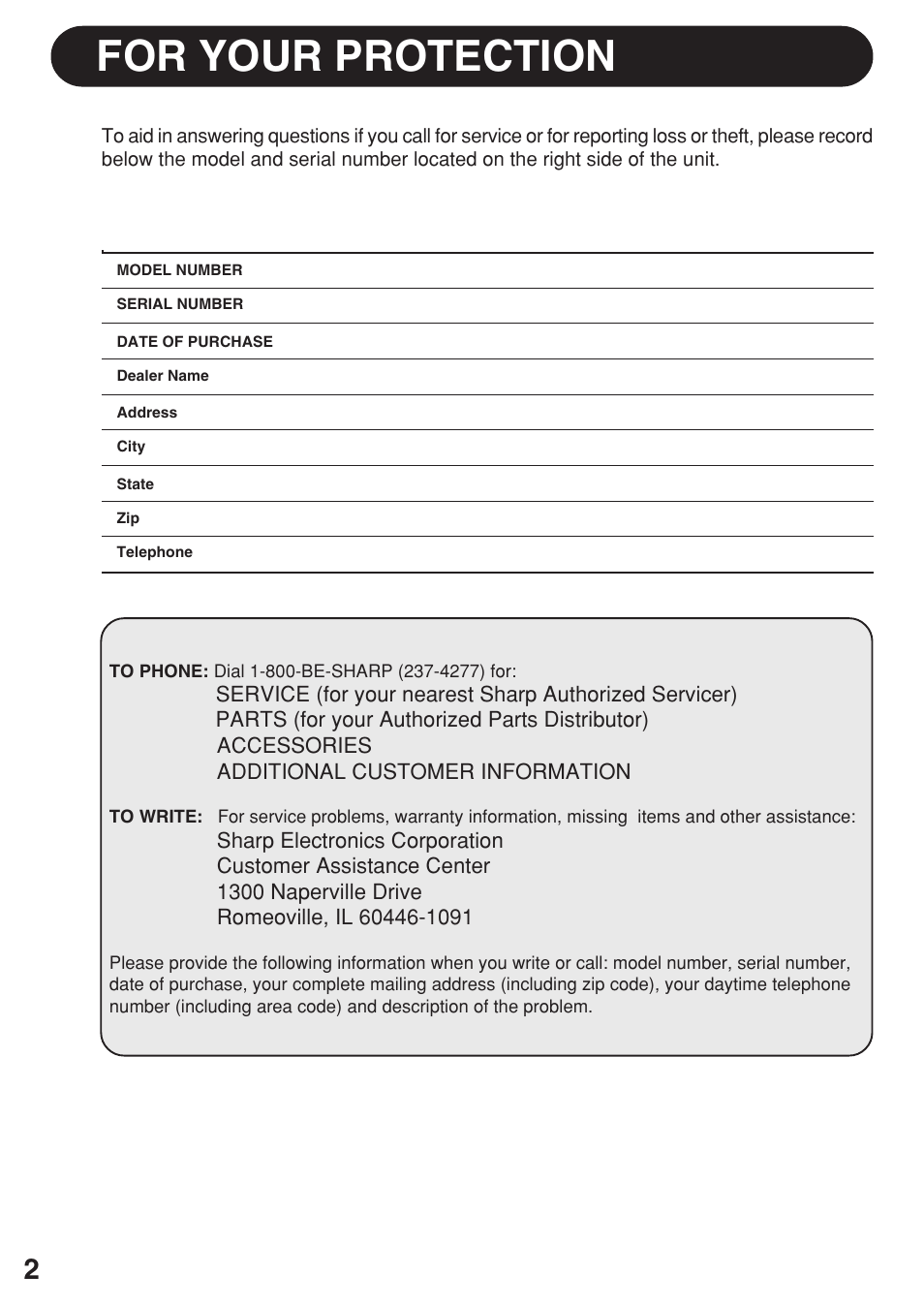 For your protection | Sharp AF-R140DX User Manual | Page 2 / 20