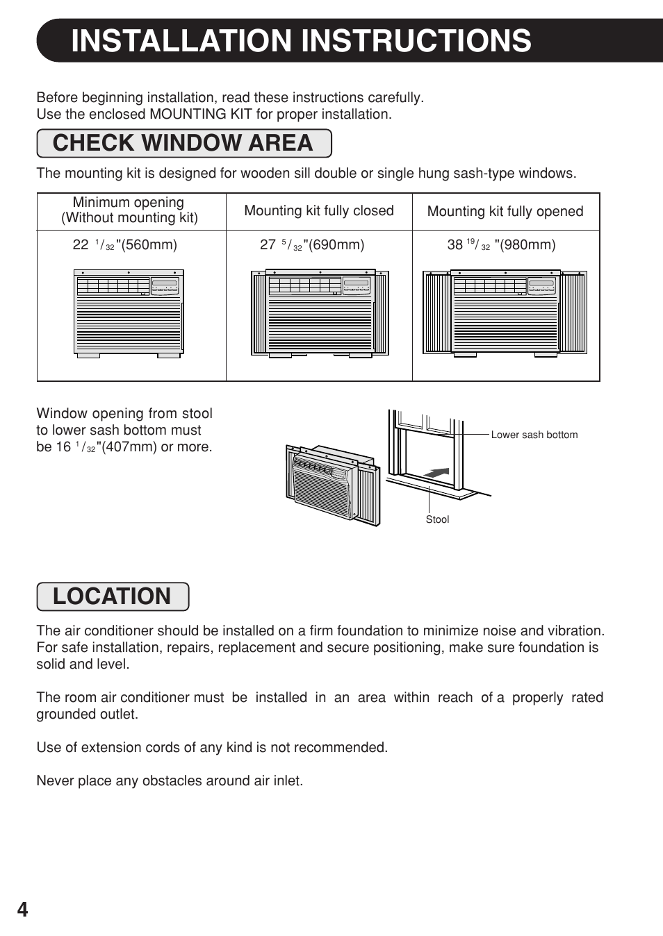 Installation instructions, Check window area, Location | Check window area location | Sharp AF-R140DX User Manual | Page 4 / 20