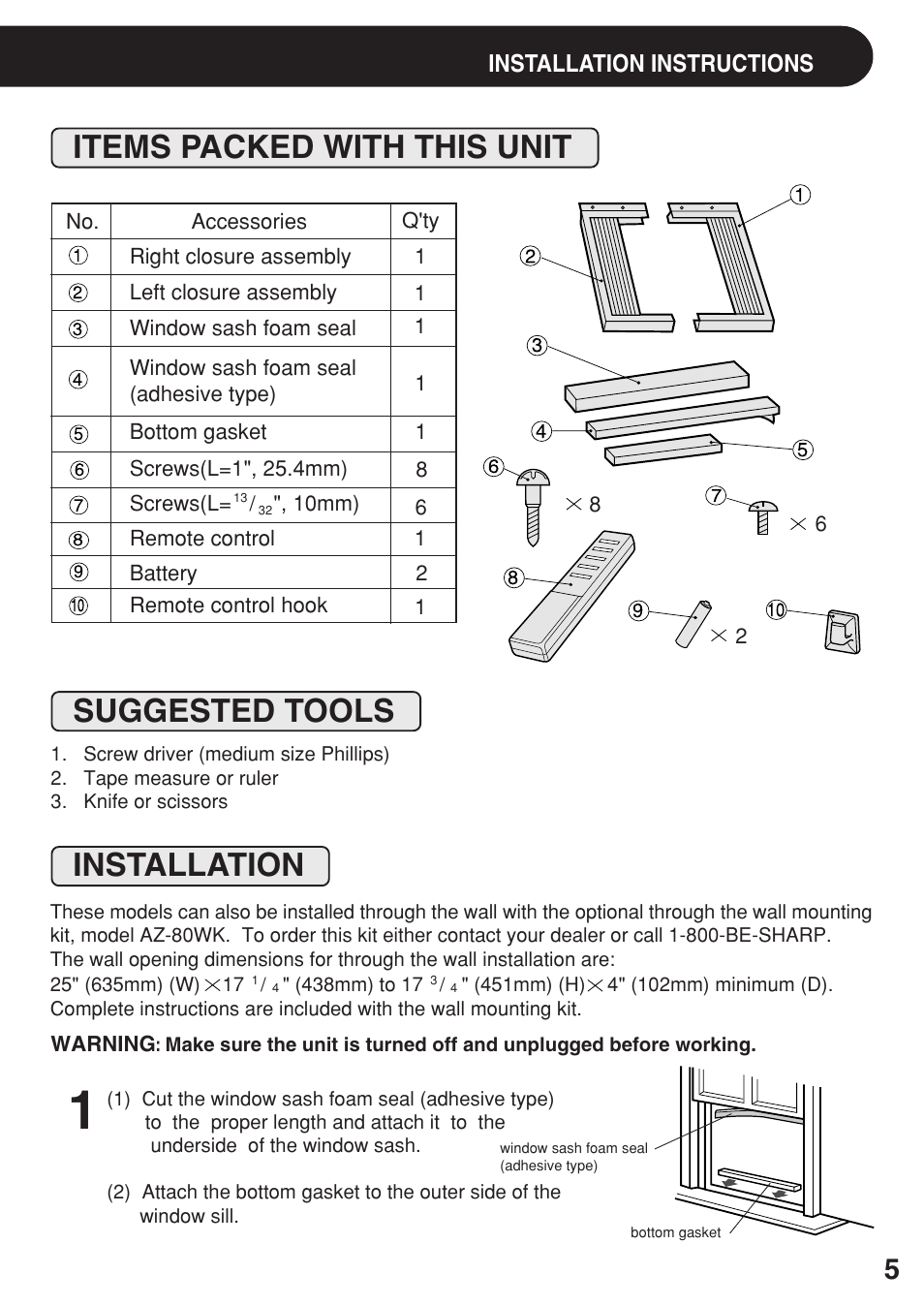 Items packed with this unit, Suggested tools, Installation | Sharp AF-R140DX User Manual | Page 5 / 20