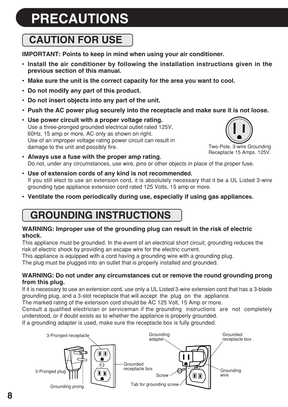 Precautions, Caution for use, Grounding instructions | Caution for use grounding instructions | Sharp AF-R140DX User Manual | Page 8 / 20