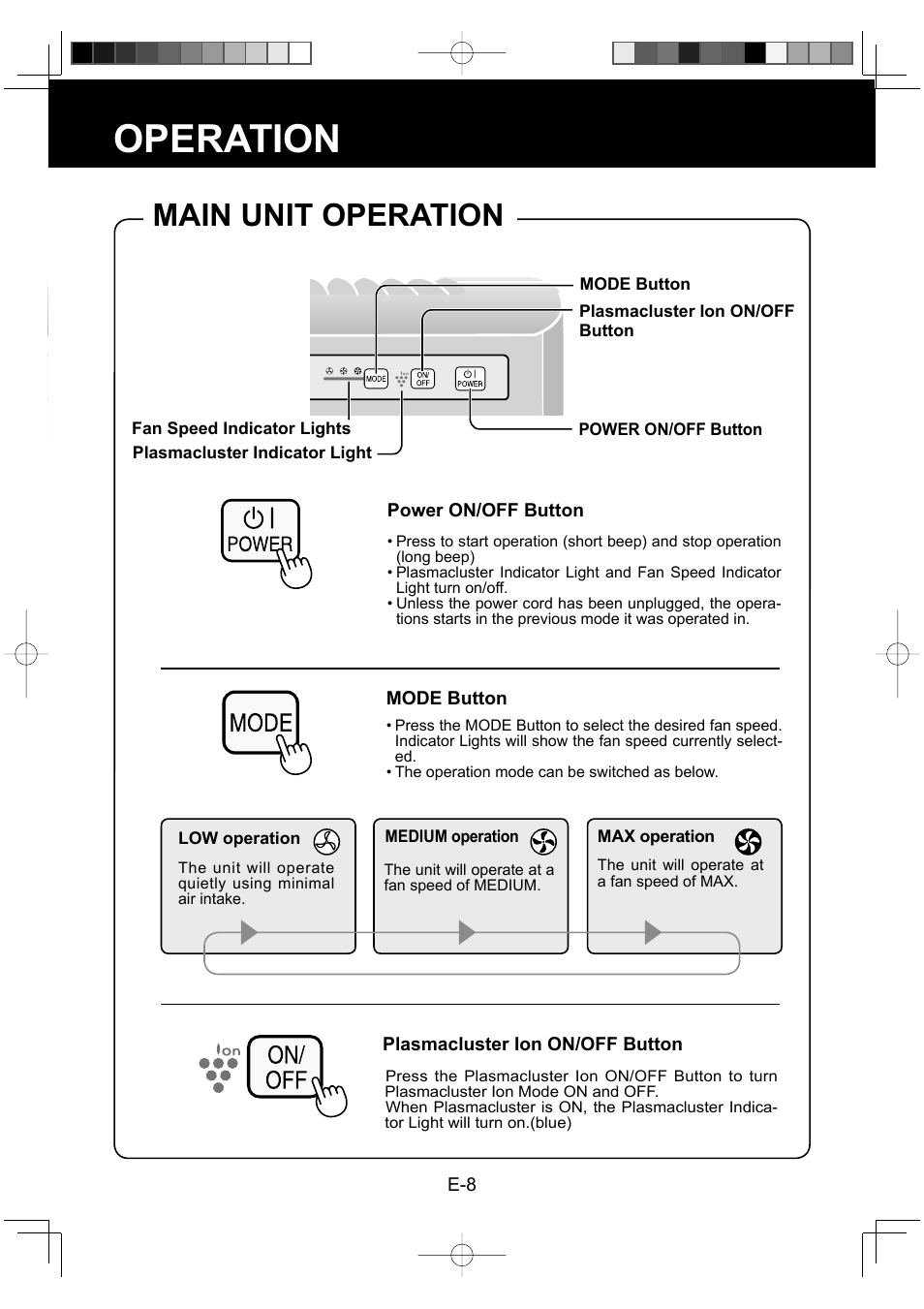 Operation, Main unit operation | Sharp FU-Y30EU User Manual | Page 10 / 113