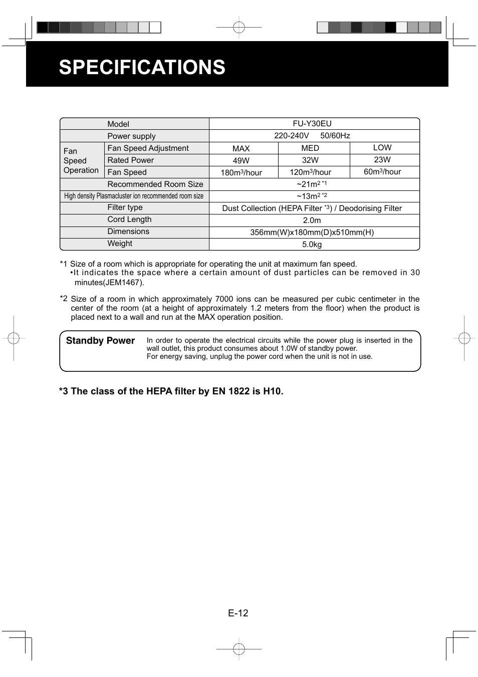 Specifications | Sharp FU-Y30EU User Manual | Page 14 / 113
