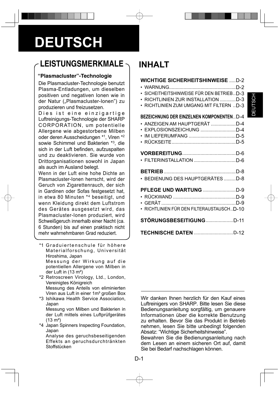 Deutsch, Leistungsmerkmale, Inhalt | Inhalt leistungsmerkmale | Sharp FU-Y30EU User Manual | Page 17 / 113