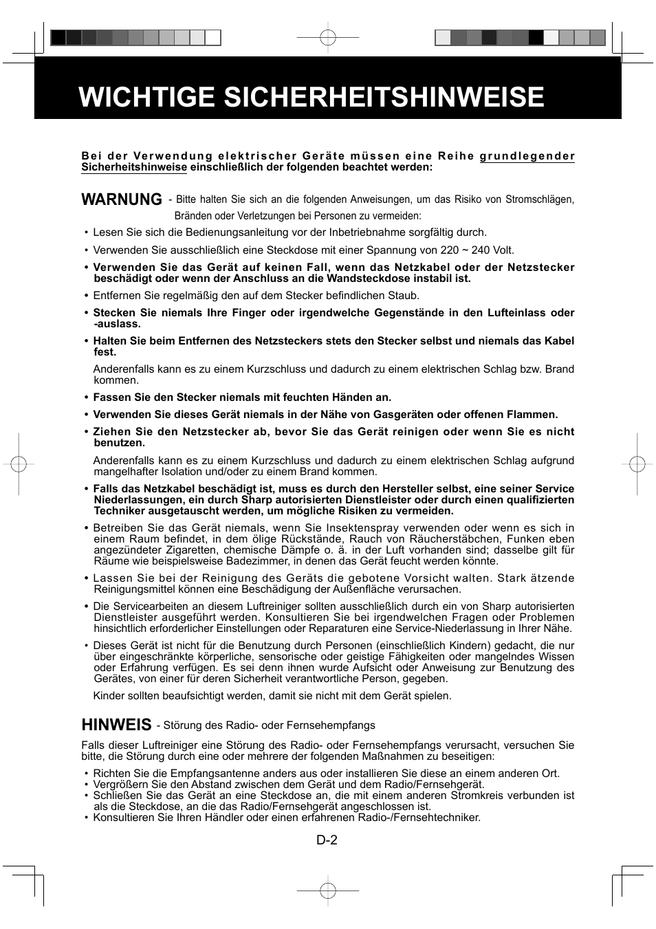 Wichtige sicherheitshinweise, Warnung, Hinweis | Sharp FU-Y30EU User Manual | Page 18 / 113