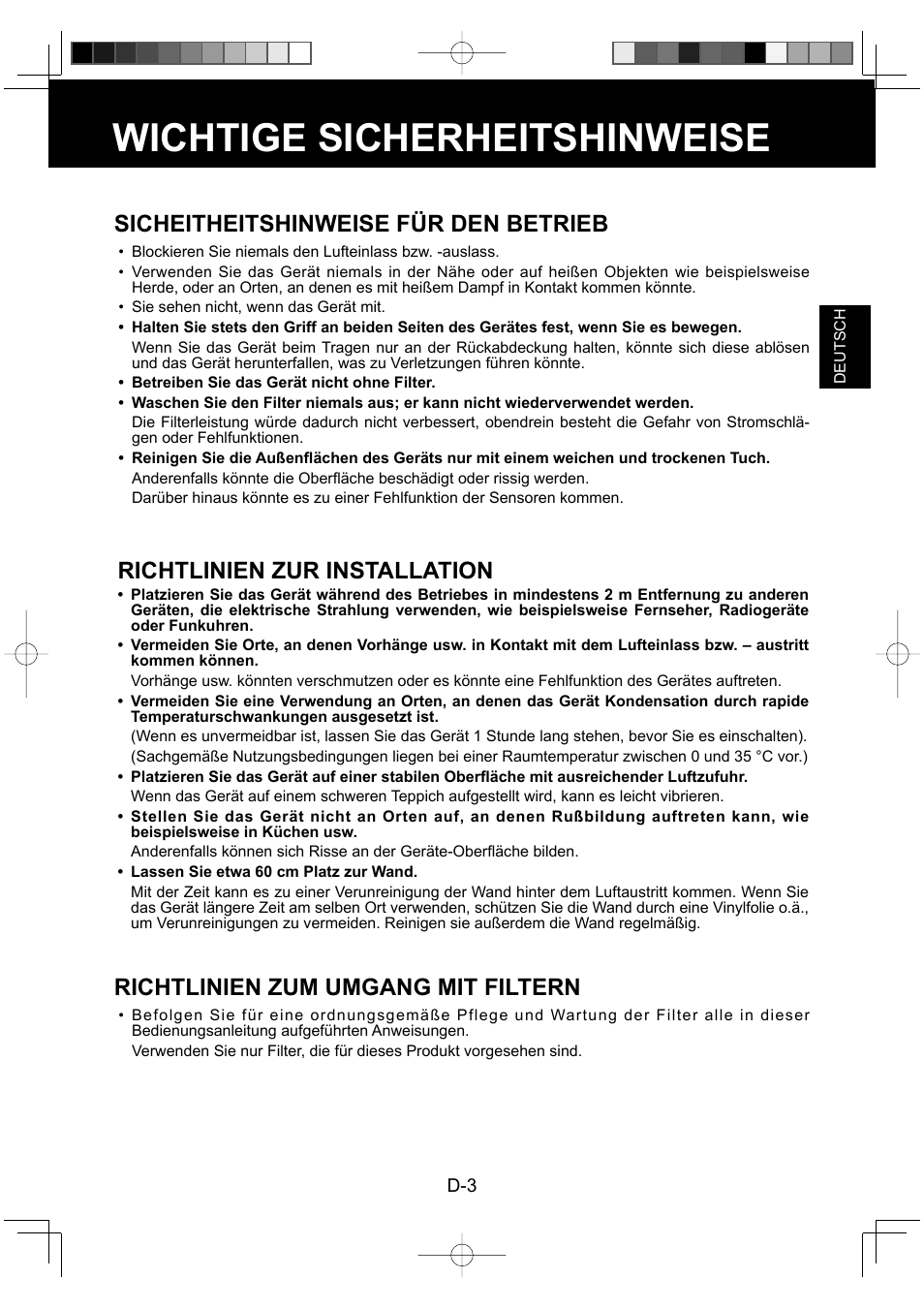 Wichtige sicherheitshinweise, Sicheitheitshinweise für den betrieb, Richtlinien zur installation | Richtlinien zum umgang mit filtern | Sharp FU-Y30EU User Manual | Page 19 / 113