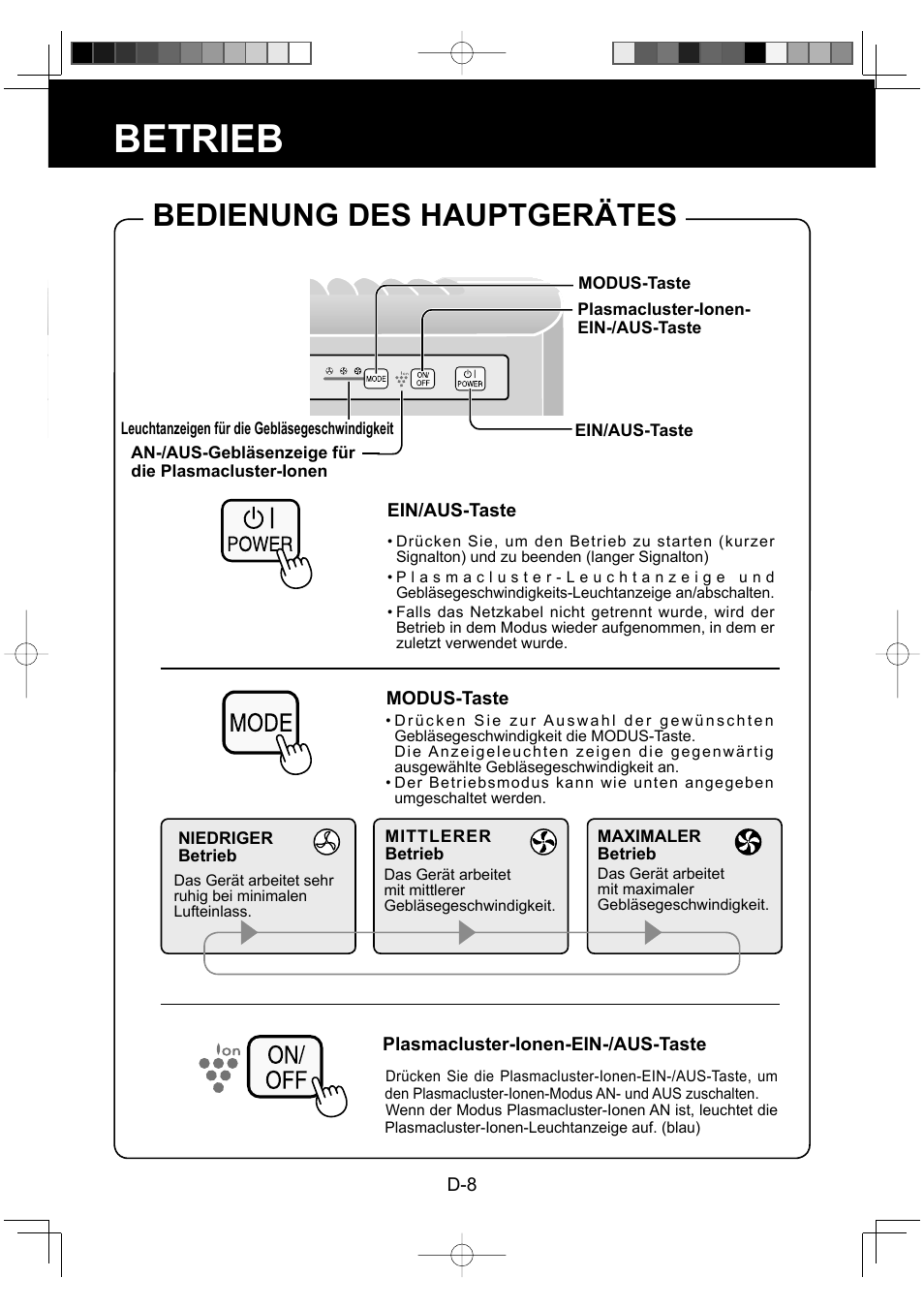 Betrieb, Bedienung des hauptgerätes | Sharp FU-Y30EU User Manual | Page 24 / 113