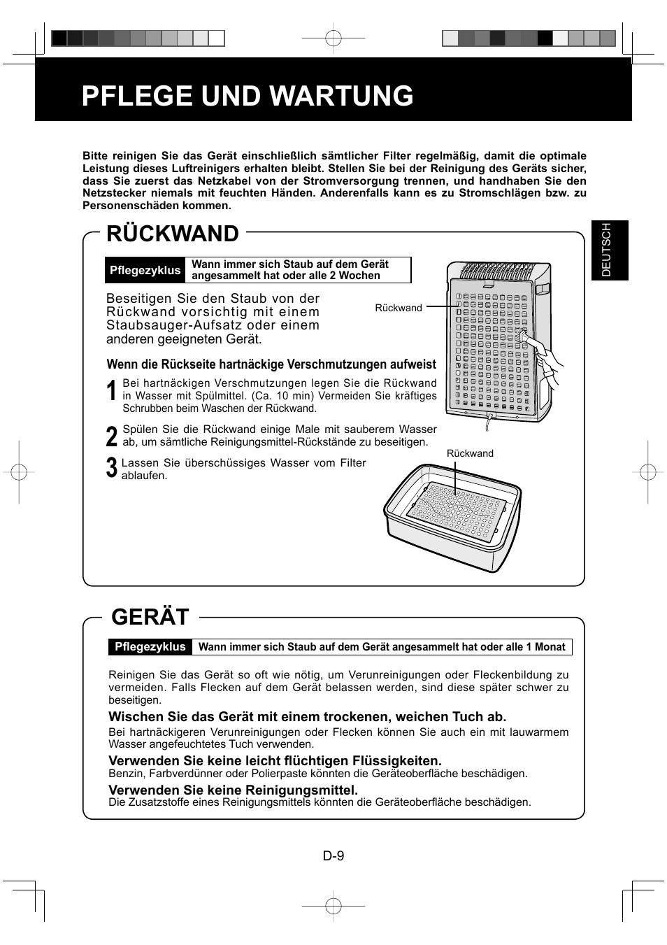 Pflege und wartung, Rückwand, Gerät | Sharp FU-Y30EU User Manual | Page 25 / 113