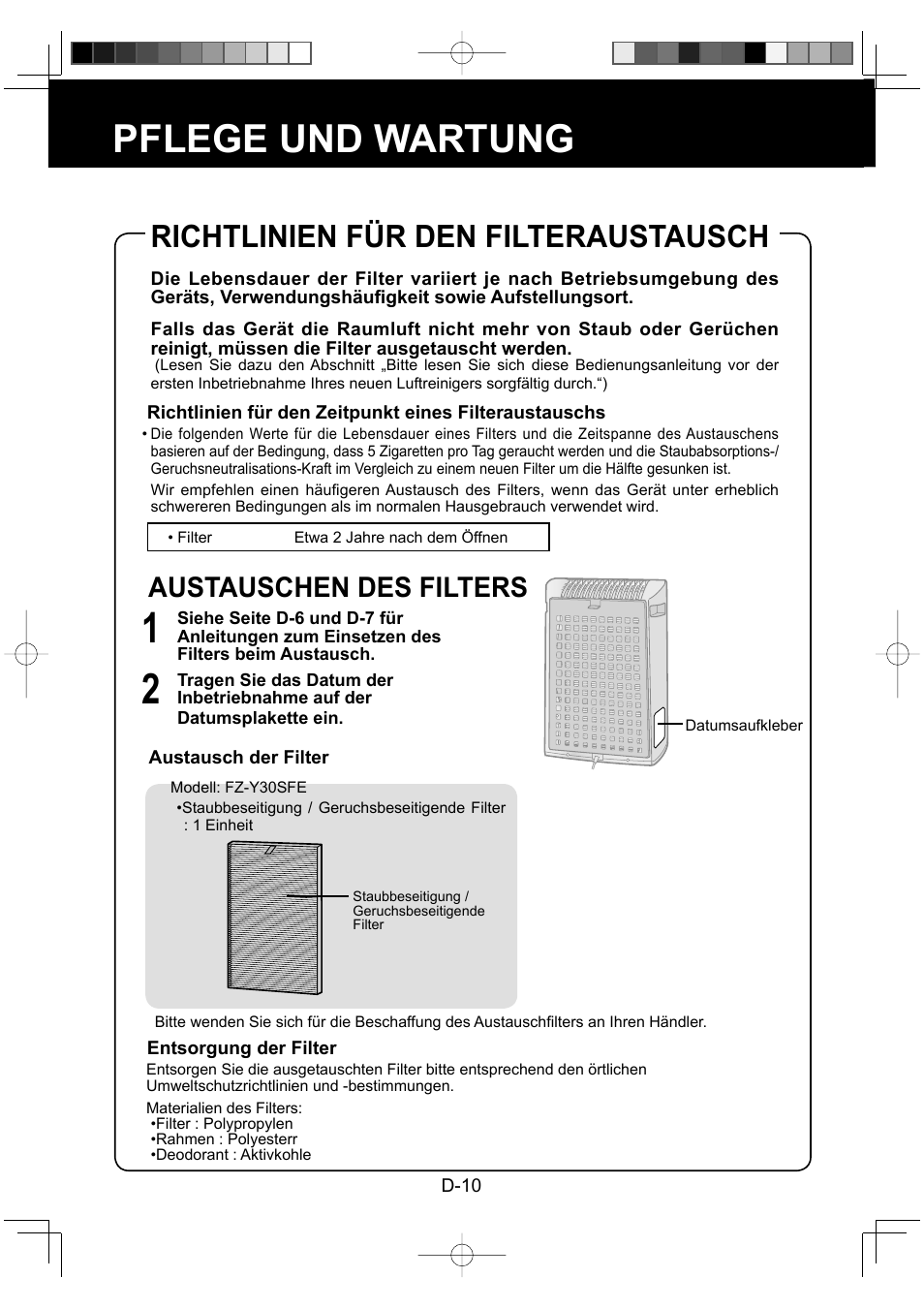 Pflege und wartung, Richtlinien für den filteraustausch, Austauschen des filters | Sharp FU-Y30EU User Manual | Page 26 / 113