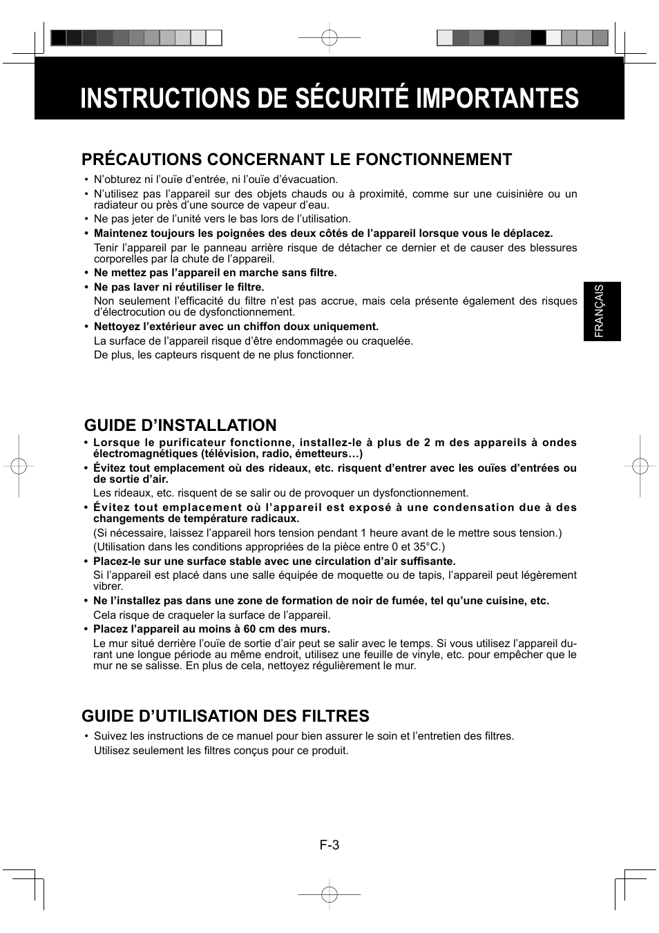 Instructions de sécurité importantes, Précautions concernant le fonctionnement, Guide d’installation | Guide d’utilisation des filtres | Sharp FU-Y30EU User Manual | Page 33 / 113