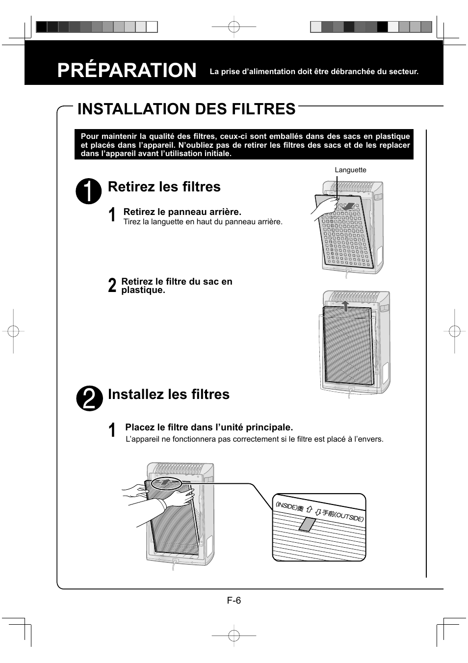 Préparationf, Préparation, Installation des filtres | Sharp FU-Y30EU User Manual | Page 36 / 113