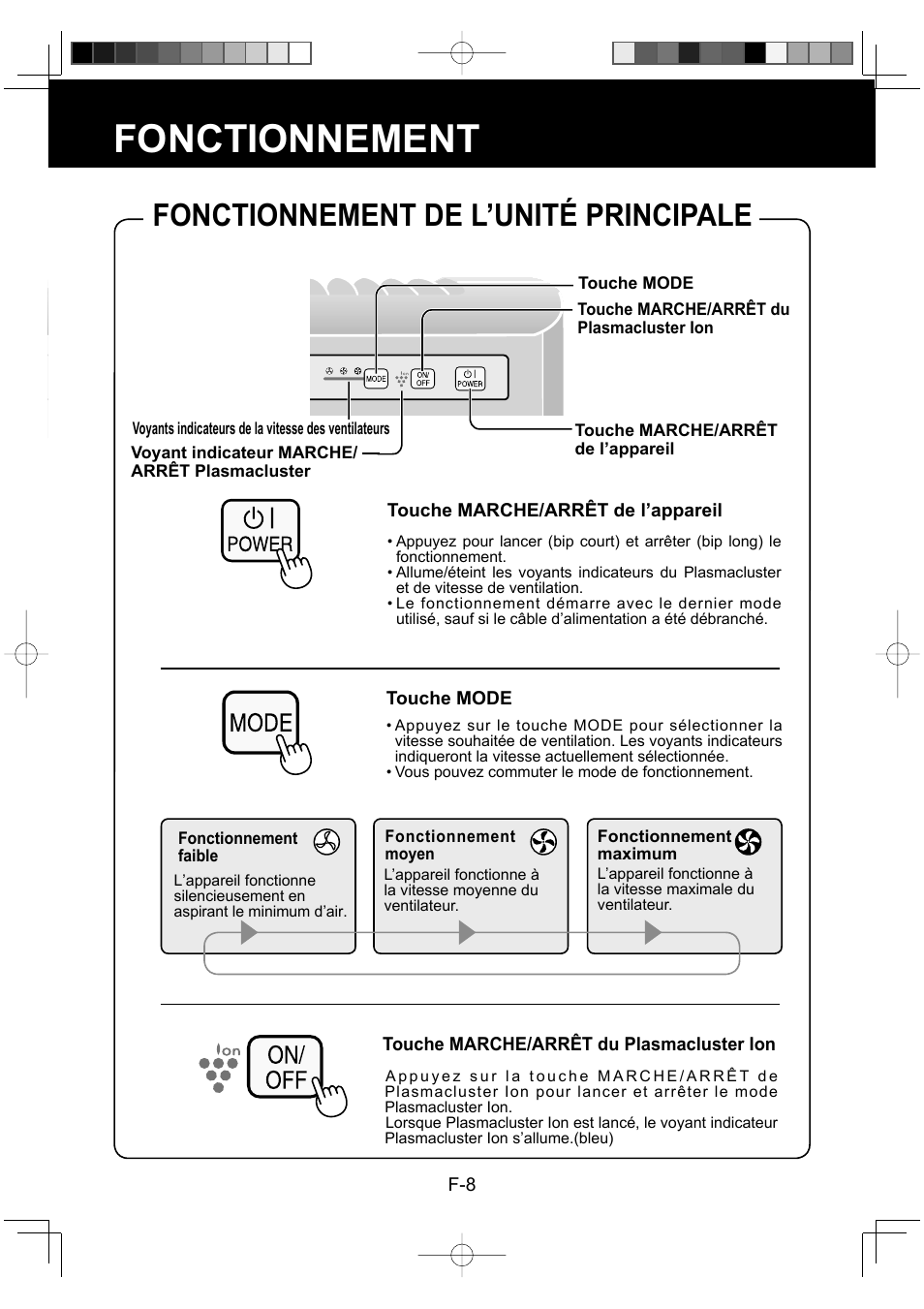 Fonctionnement, Fonctionnement de l’unité principale | Sharp FU-Y30EU User Manual | Page 38 / 113