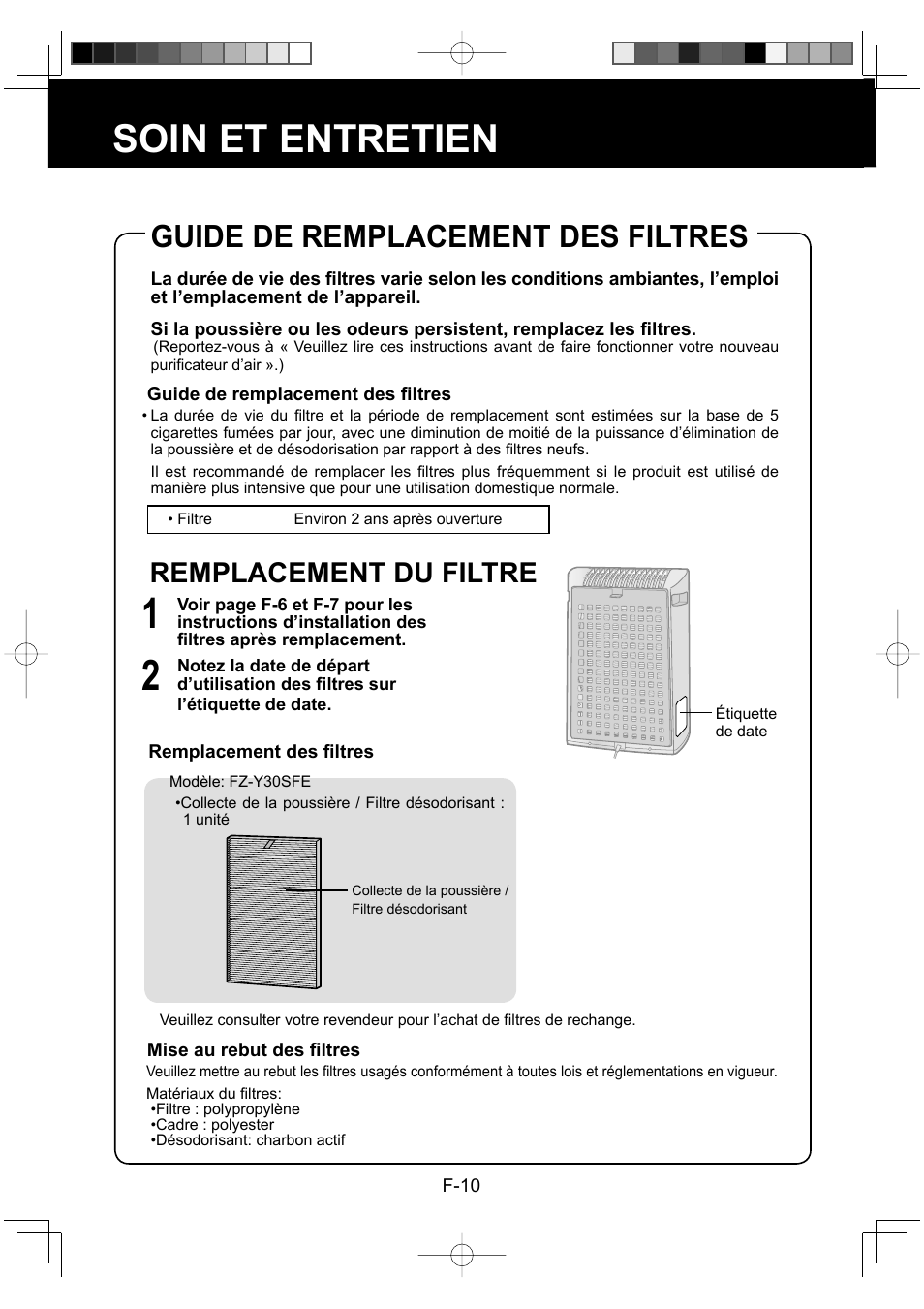Soin et entretien, Guide de remplacement des filtres, Remplacement du filtre | Sharp FU-Y30EU User Manual | Page 40 / 113