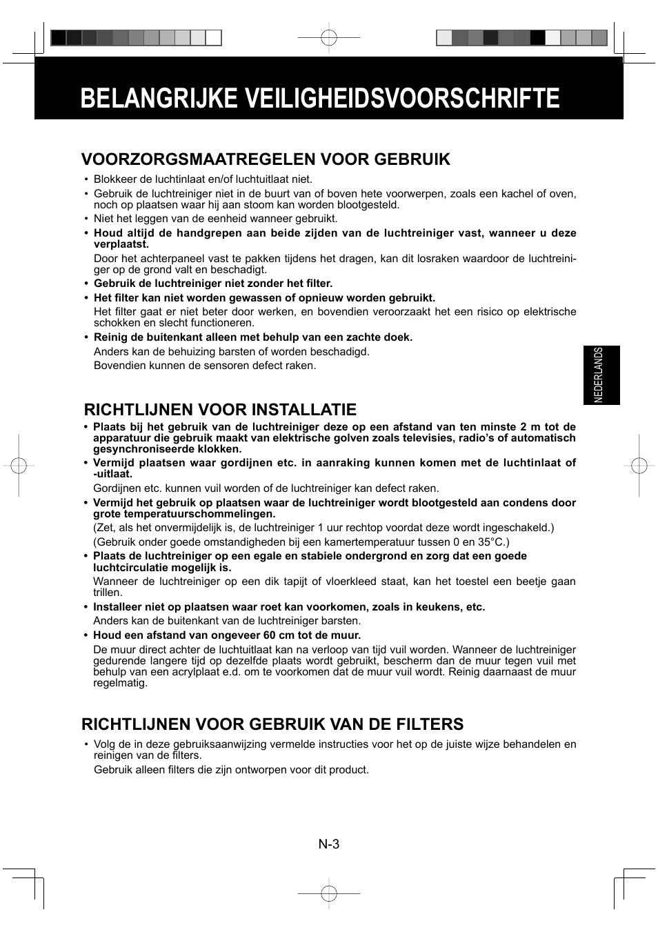 Belangrijke veiligheidsvoorschrifte, Voorzorgsmaatregelen voor gebruik, Richtlijnen voor installatie | Richtlijnen voor gebruik van de filters | Sharp FU-Y30EU User Manual | Page 47 / 113
