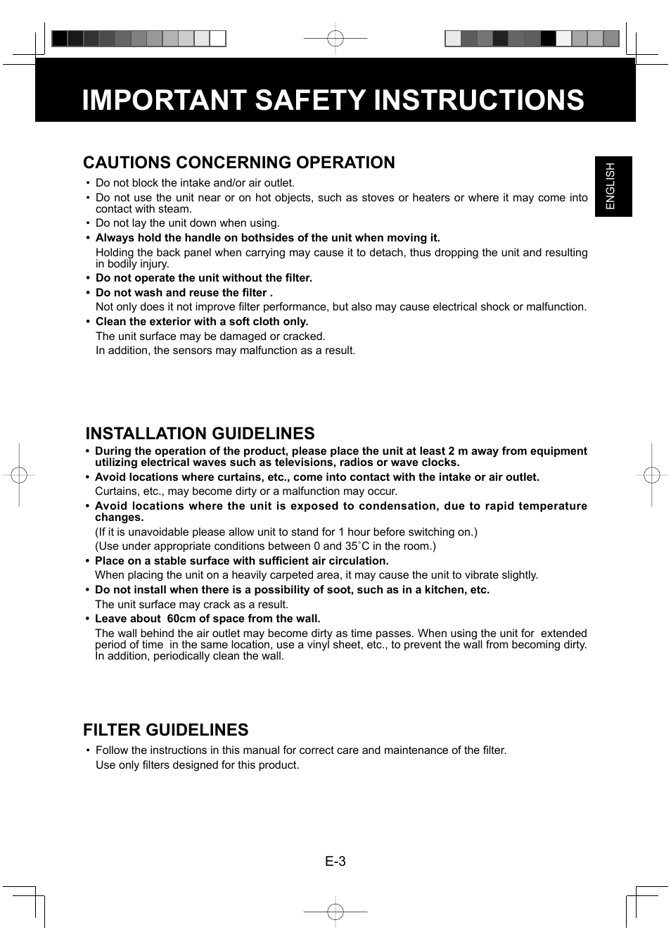 Important safety instructions, Cautions concerning operation, Installation guidelines | Filter guidelines | Sharp FU-Y30EU User Manual | Page 5 / 113