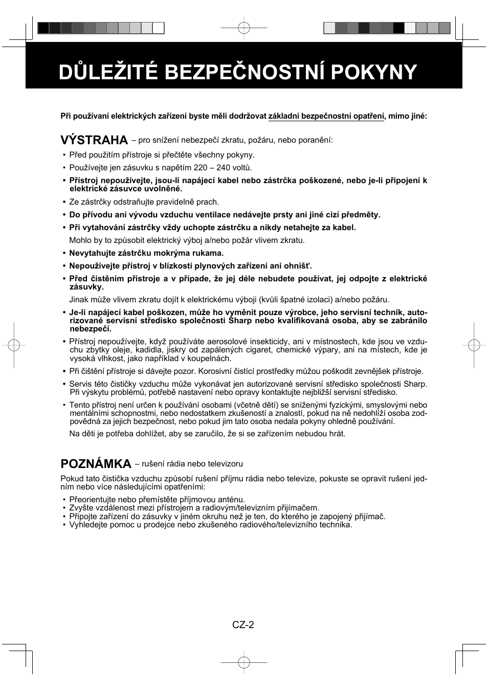 Důležité bezpečnostní pokyny, Výstraha, Poznámka | Sharp FU-Y30EU User Manual | Page 60 / 113