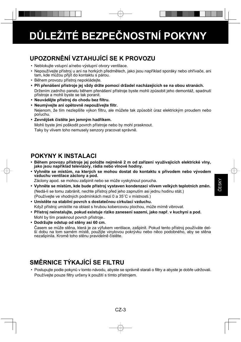 Důležité bezpečnostní pokyny, Upozornění vztahující se k provozu, Pokyny k instalaci | Směrnice týkající se filtru | Sharp FU-Y30EU User Manual | Page 61 / 113