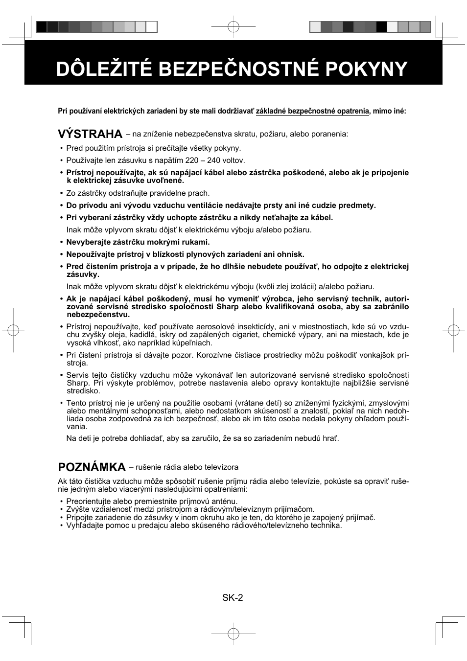 Dôležité bezpečnostné pokyny, Výstraha, Poznámka | Sharp FU-Y30EU User Manual | Page 74 / 113