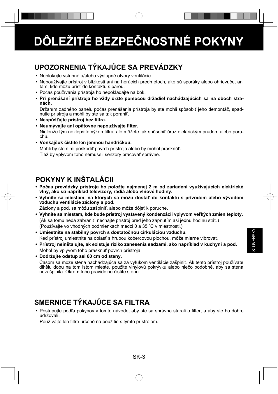 Dôležité bezpečnostné pokyny, Upozornenia týkajúce sa prevádzky, Pokyny k inštalácii | Smernice týkajúce sa filtra | Sharp FU-Y30EU User Manual | Page 75 / 113