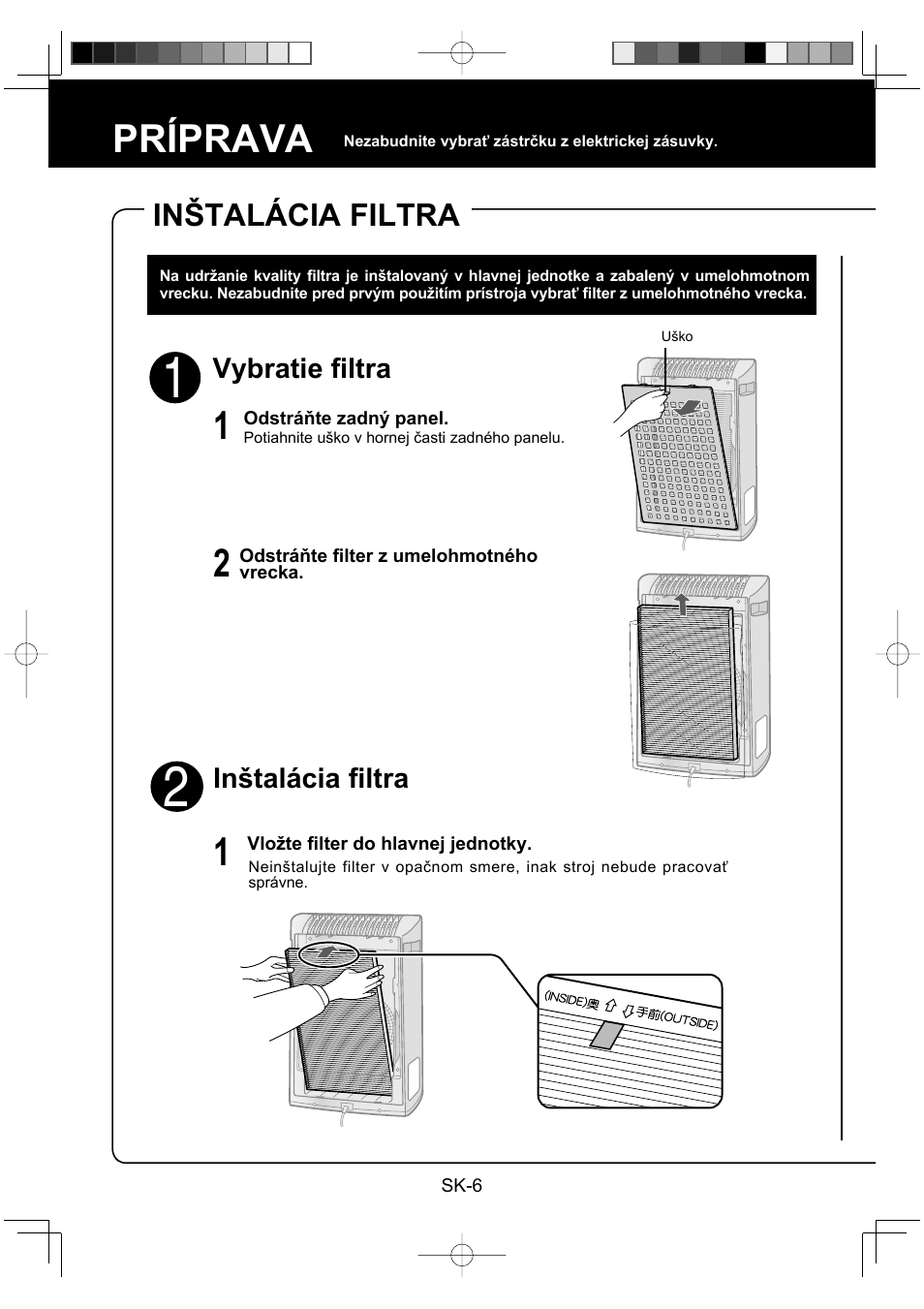Prípravask, Príprava, Inštalácia filtra | Sharp FU-Y30EU User Manual | Page 78 / 113
