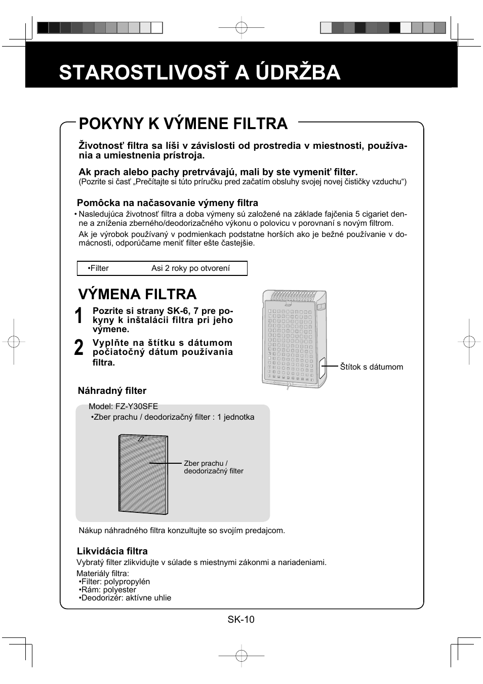 Starostlivosť a údržba, Pokyny k výmene filtra, Výmena filtra | Sharp FU-Y30EU User Manual | Page 82 / 113