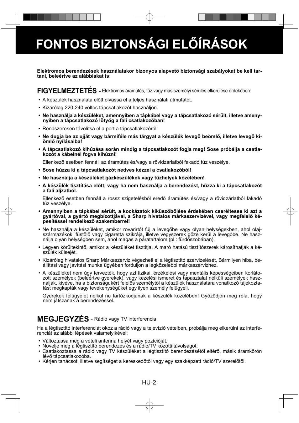 Fontos biztonsági előírások, Figyelmeztetés, Megjegyzés | Sharp FU-Y30EU User Manual | Page 88 / 113