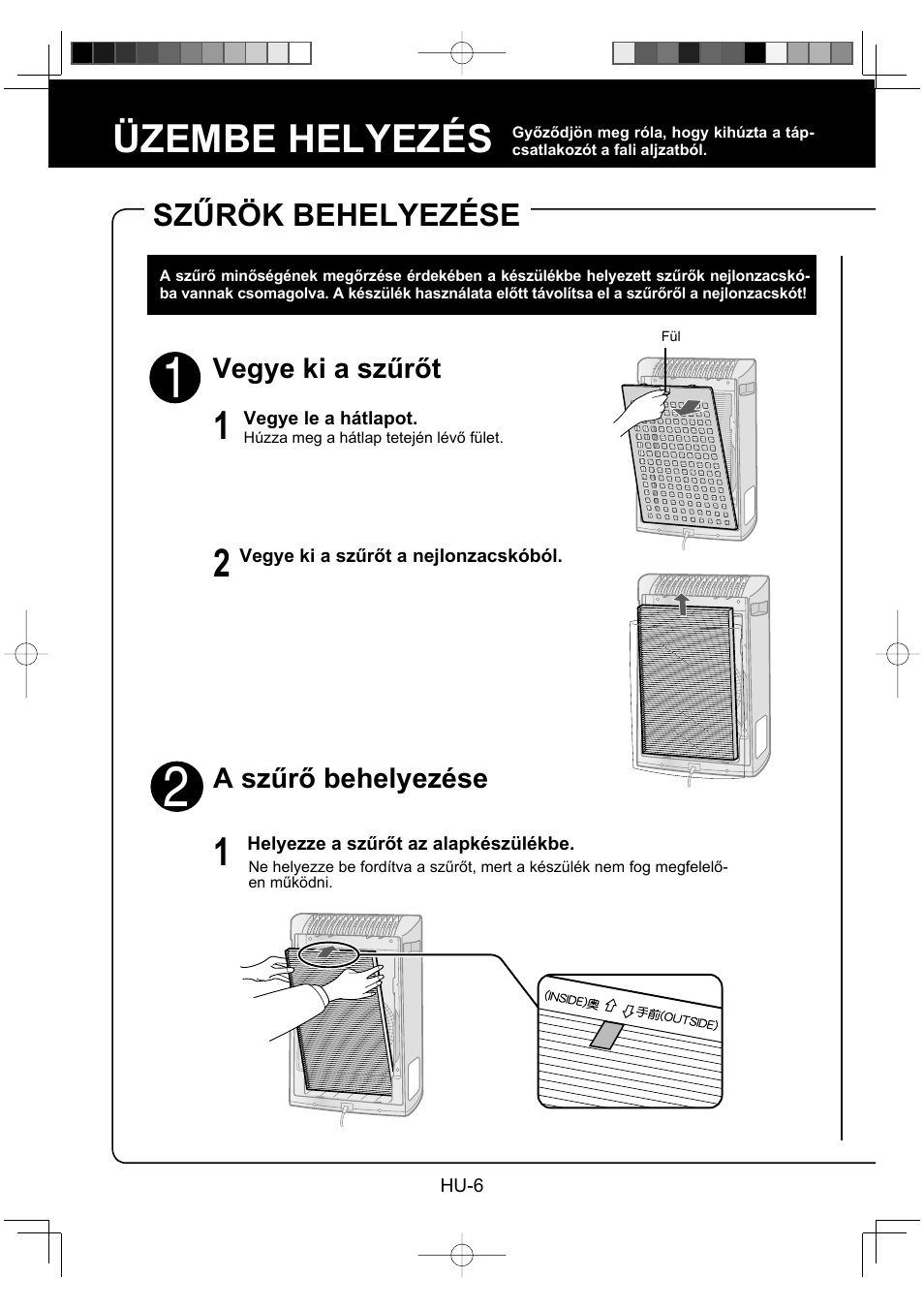 Üzembe helyezés, Szűrök behelyezése | Sharp FU-Y30EU User Manual | Page 92 / 113