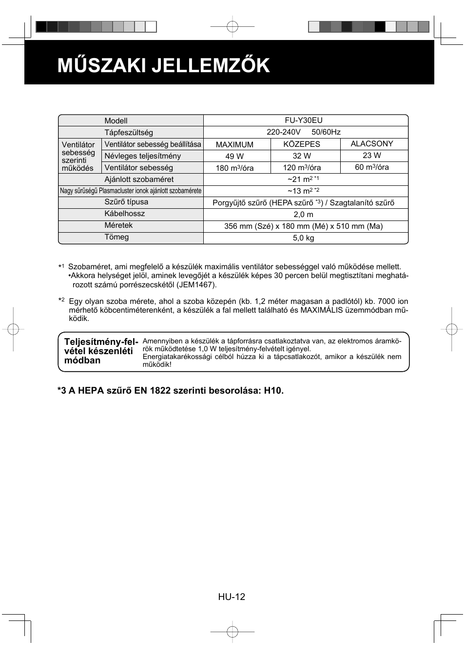 Műszaki jellemzők | Sharp FU-Y30EU User Manual | Page 98 / 113
