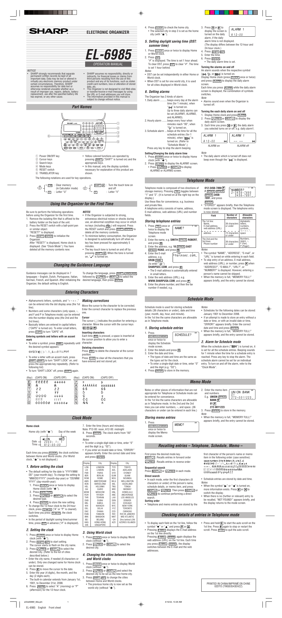 Sharp EL-6985 User Manual | 2 pages