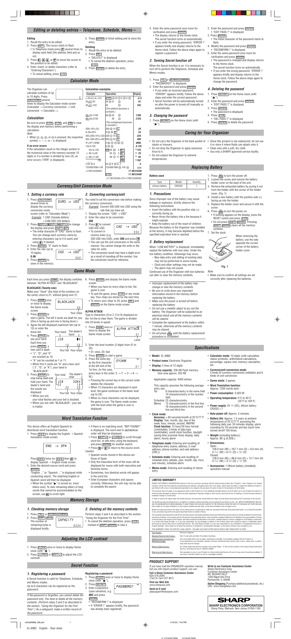 Replacing battery, Specifications, Calculator mode | Game mode, Word translation function, Adjusting the lcd contrast, Secret function | Sharp EL-6985 User Manual | Page 2 / 2