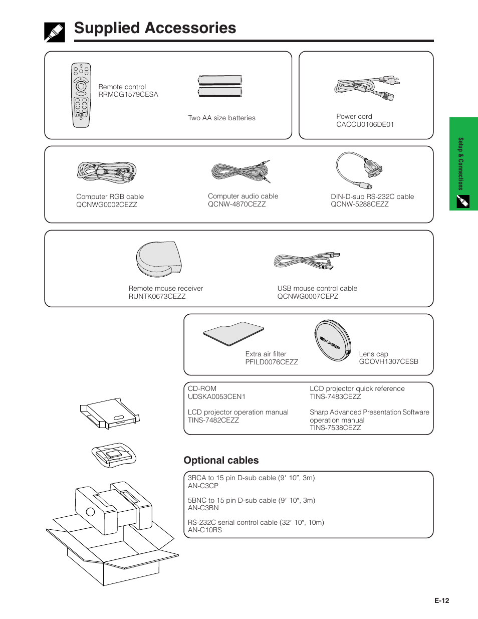 Supplied accessories, Supplied accessories …………………………… 12, Optional cables | Sharp XG-C40XU User Manual | Page 13 / 63