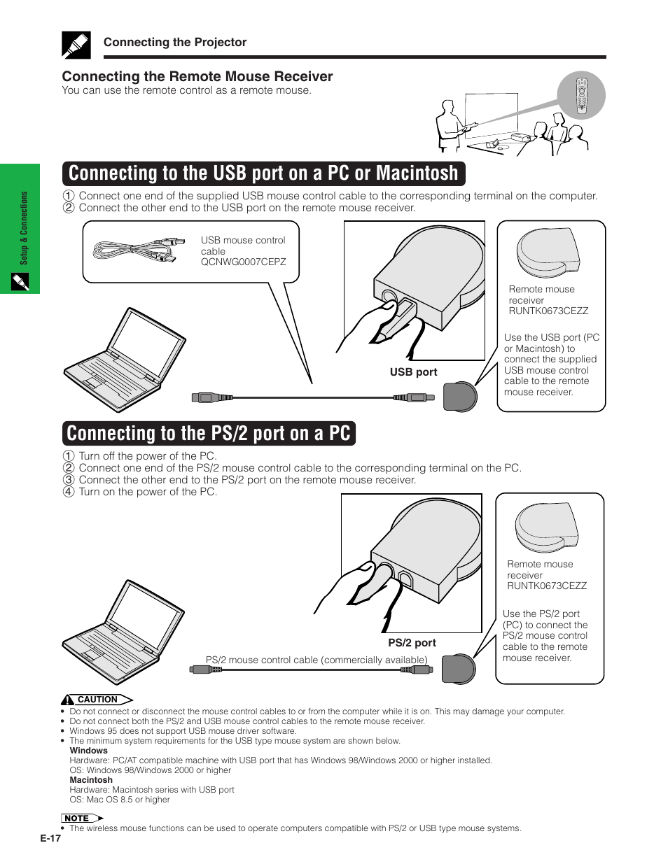 Connecting to the usb port on a pc or macintosh, Connecting to the ps/2 port on a pc, Connecting the remote mouse receiver | Sharp XG-C40XU User Manual | Page 18 / 63