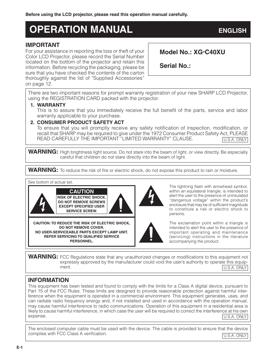 Important information, Important, Information | Operation manual, English model no.: xg-c40xu serial no, Warning | Sharp XG-C40XU User Manual | Page 2 / 63