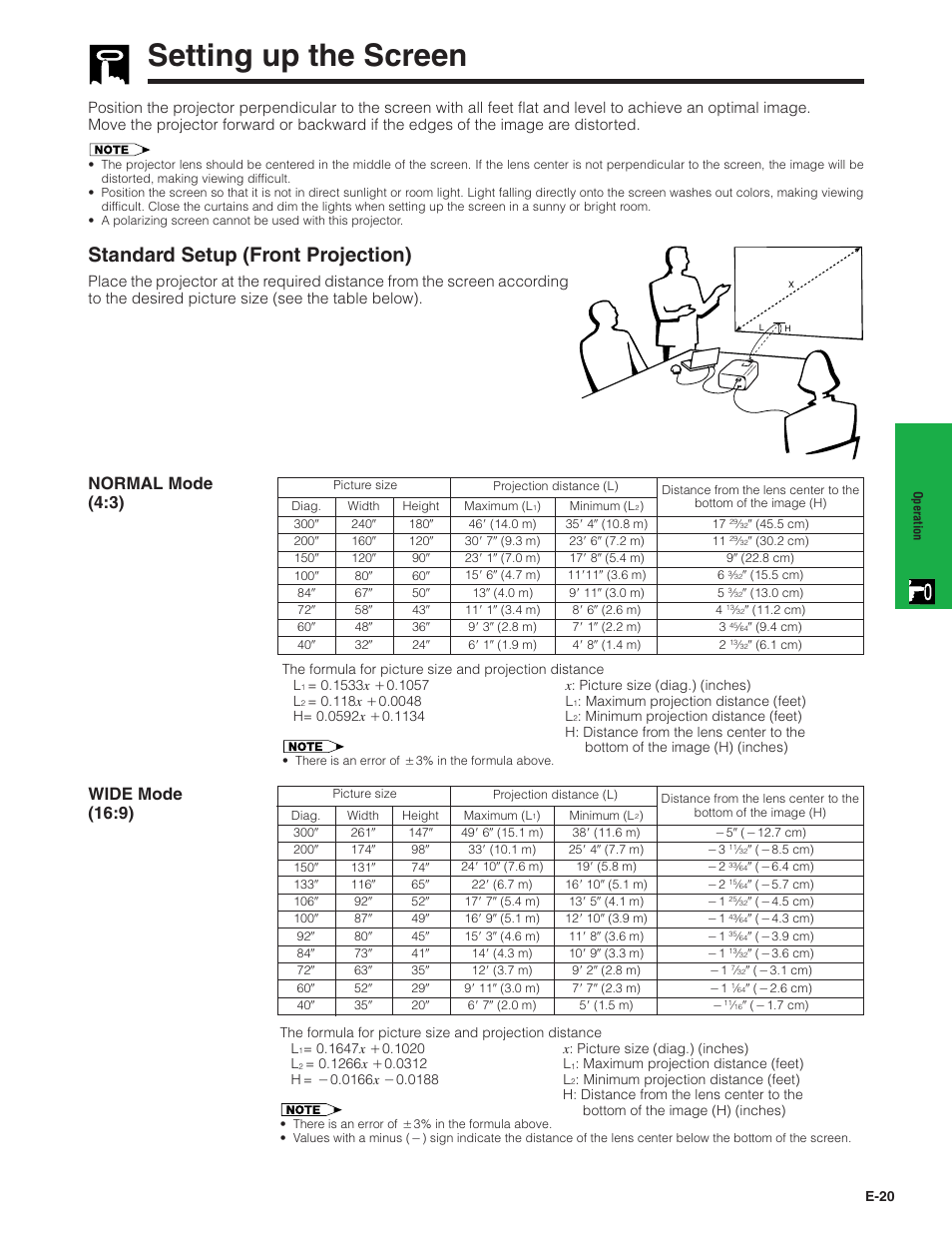 Setting up the screen, Setting up the screen …………………………… 20, Standard setup (front projection) | Sharp XG-C40XU User Manual | Page 21 / 63