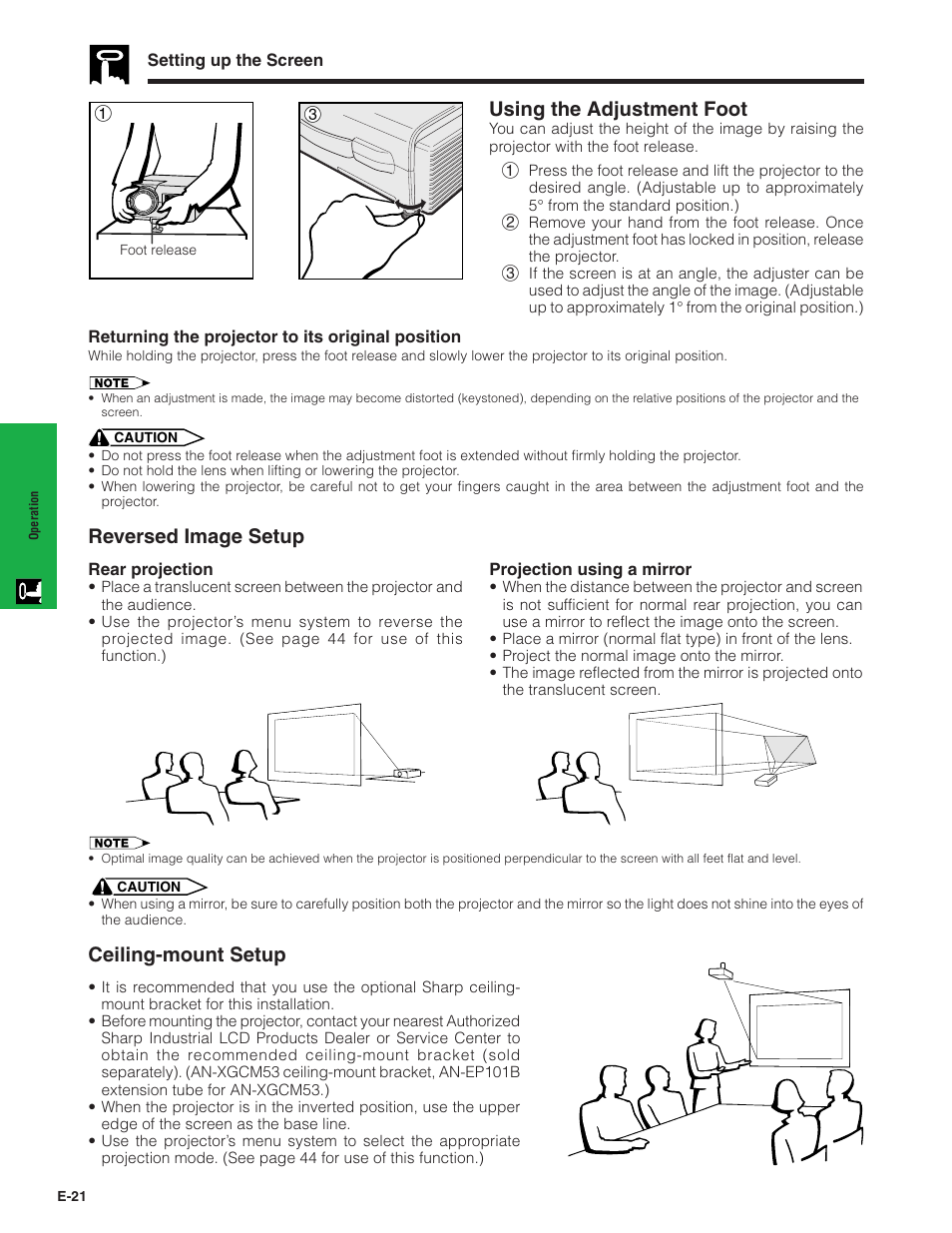 Using the adjustment foot, Reversed image setup, Ceiling-mount setup | Sharp XG-C40XU User Manual | Page 22 / 63
