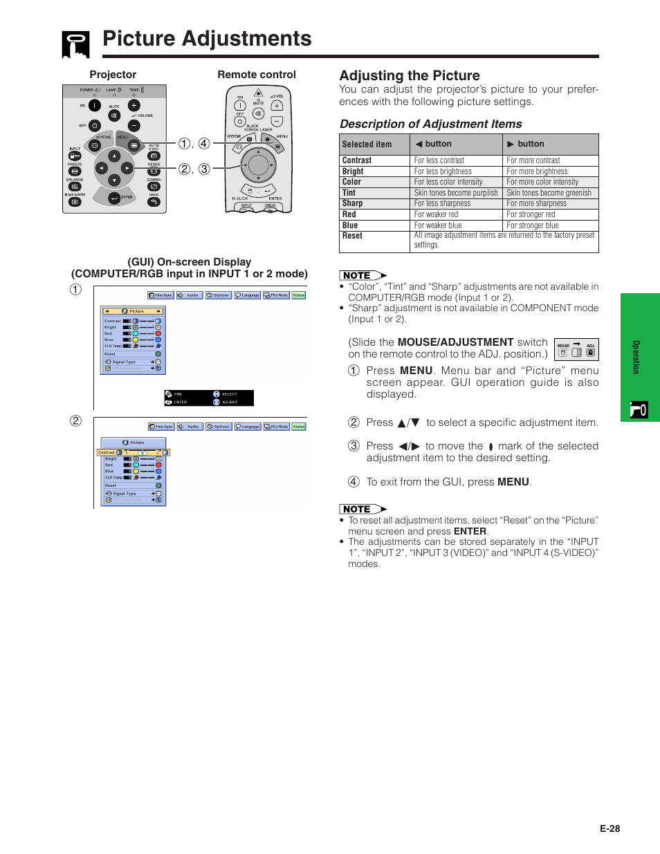 Picture adjustments, Adjusting the picture | Sharp XG-C40XU User Manual | Page 29 / 63