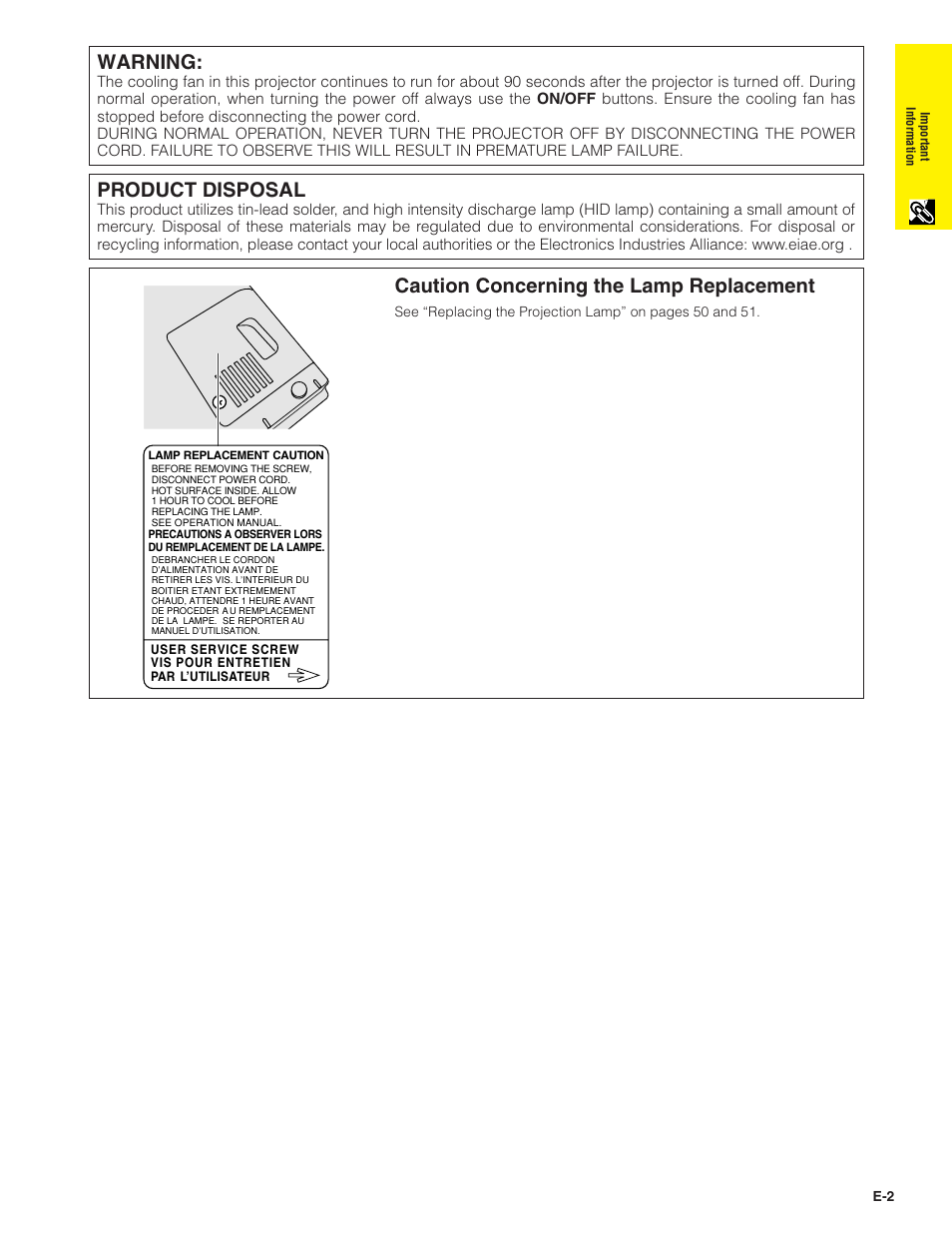 Product disposal, Caution concerning the lamp replacement, Warning | Sharp XG-C40XU User Manual | Page 3 / 63