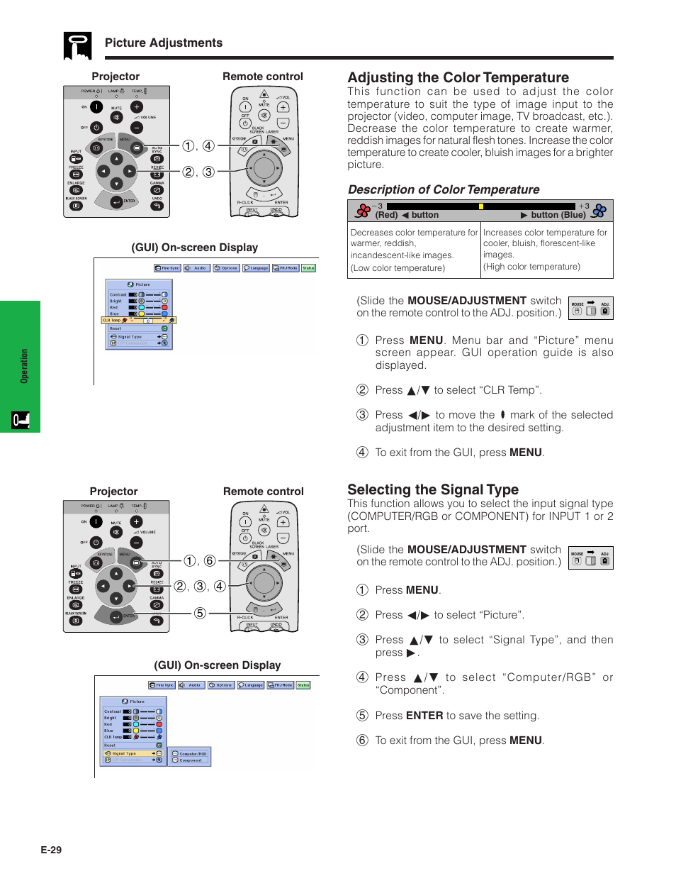 Adjusting the color temperature, Selecting the signal type | Sharp XG-C40XU User Manual | Page 30 / 63