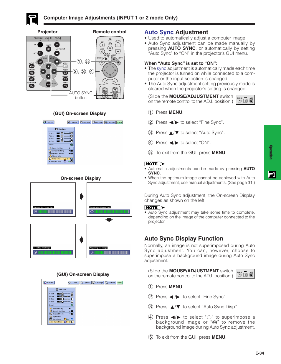 Auto sync adjustment, Auto sync display function, Gs f | Sharp XG-C40XU User Manual | Page 35 / 63