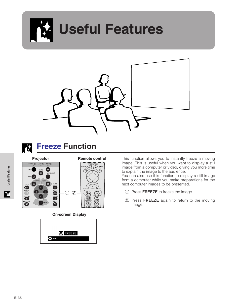 Useful features, Freeze function | Sharp XG-C40XU User Manual | Page 36 / 63