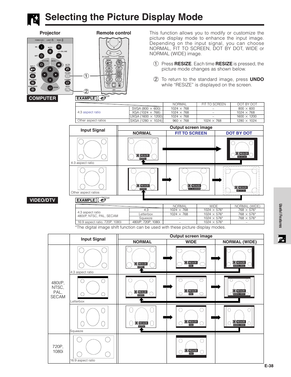 Selecting the picture display mode, Video/dtv | Sharp XG-C40XU User Manual | Page 39 / 63