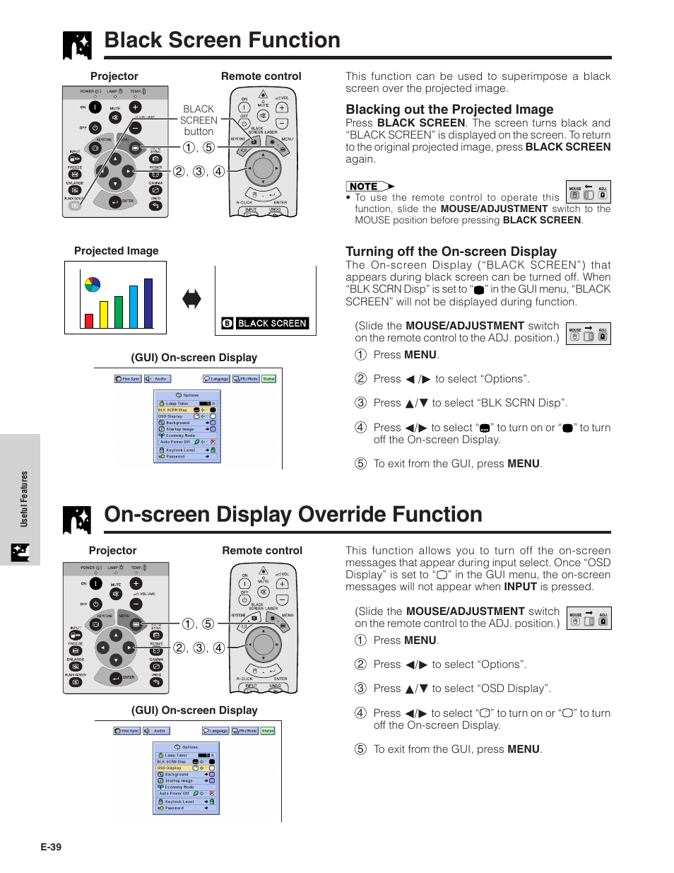 Black screen function, On-screen display override function | Sharp XG-C40XU User Manual | Page 40 / 63