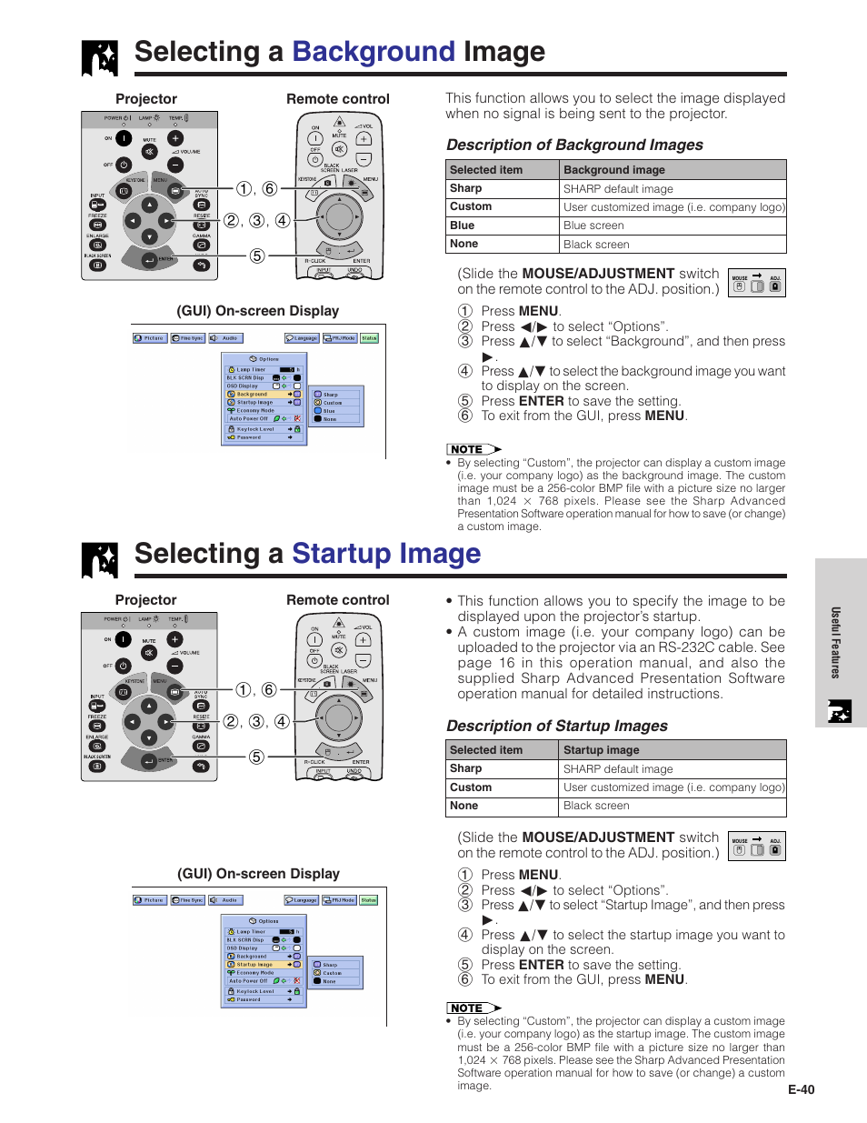 Selecting a background image, Selecting a startup image | Sharp XG-C40XU User Manual | Page 41 / 63