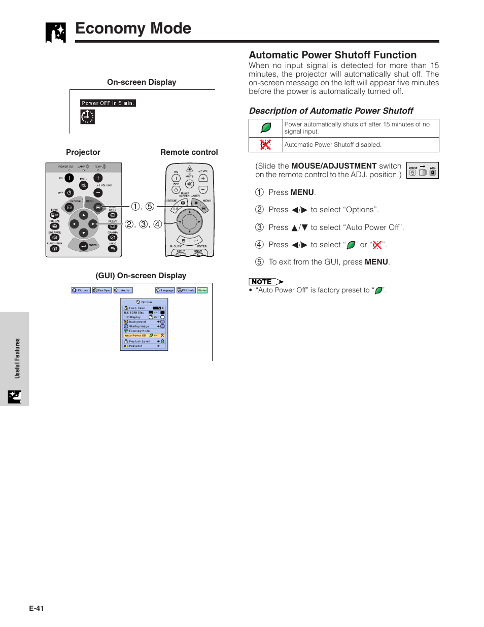 Economy mode, Automatic power shutoff function | Sharp XG-C40XU User Manual | Page 42 / 63
