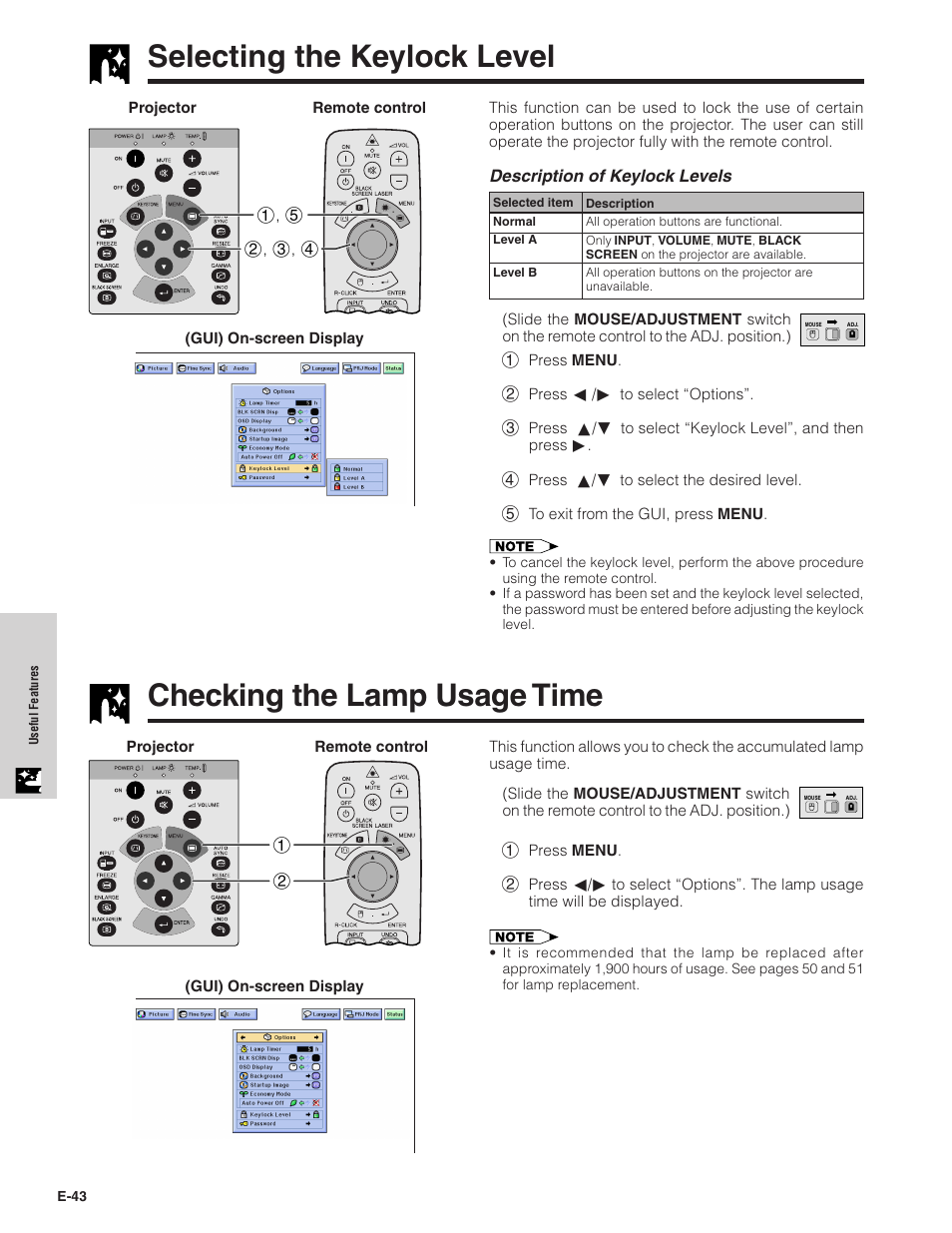 Selecting the keylock level, Checking the lamp usage time | Sharp XG-C40XU User Manual | Page 44 / 63