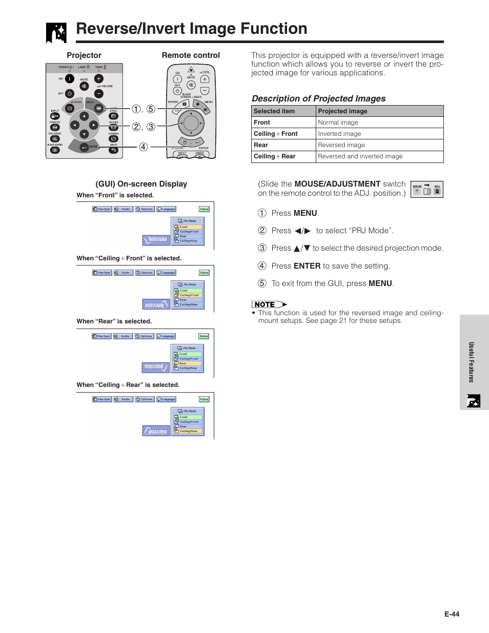 Reverse/invert image function, Description of projected images | Sharp XG-C40XU User Manual | Page 45 / 63